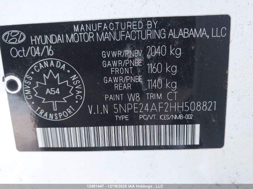 2017 Hyundai Sonata Se VIN: 5NPE24AF2HH508821 Lot: 12481447