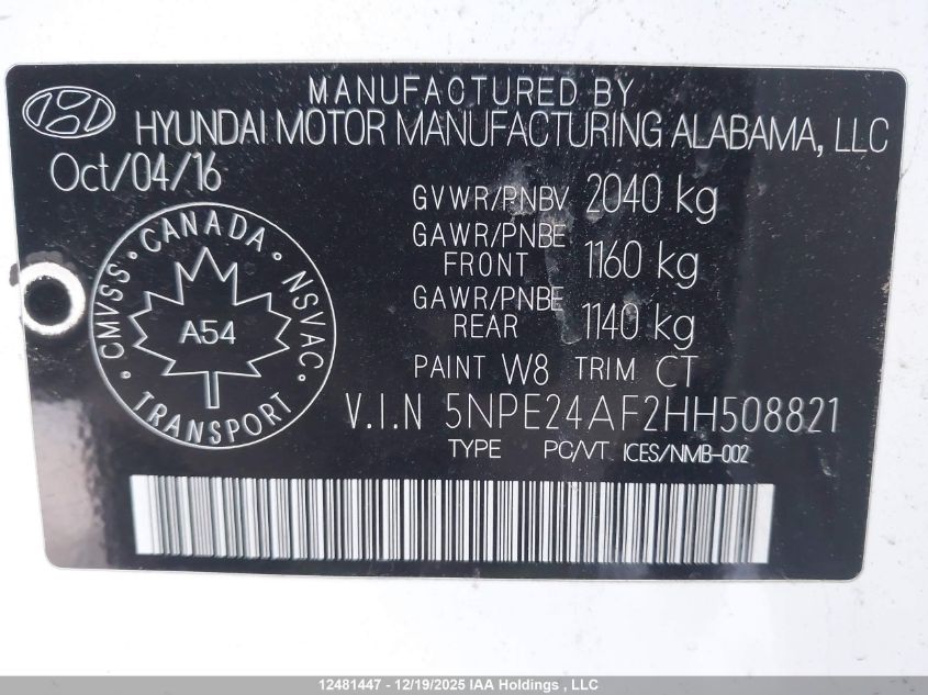 2017 Hyundai Sonata Se VIN: 5NPE24AF2HH508821 Lot: 12481447