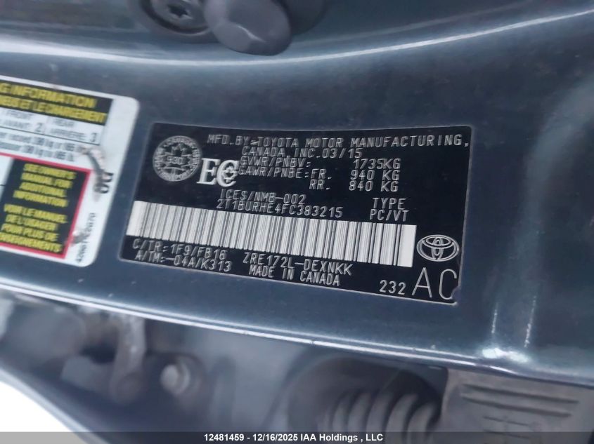 2015 Toyota Corolla Le VIN: 2T1BURHE4FC383215 Lot: 12481459