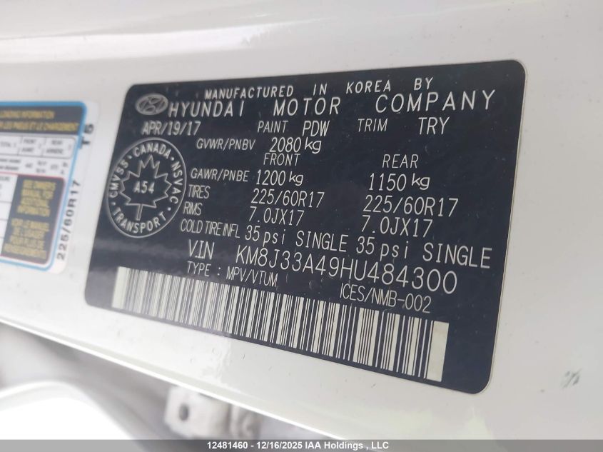 2017 Hyundai Tucson Limited/Sport And Eco/Se VIN: KM8J33A49HU484300 Lot: 12481460