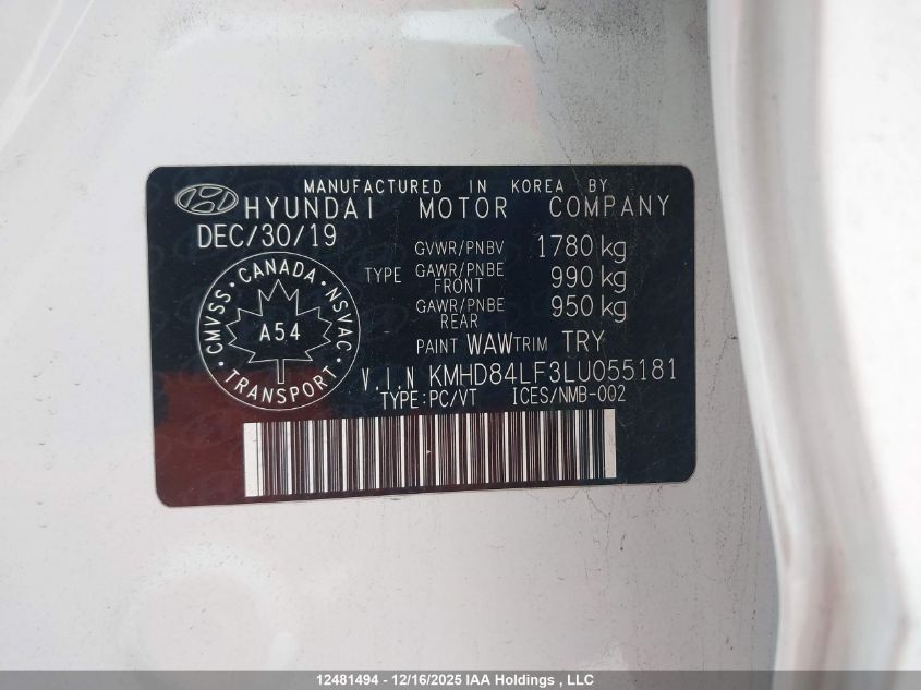 2020 Hyundai Elantra Sel/Value/Limited VIN: KMHD84LF3LU055181 Lot: 12481494