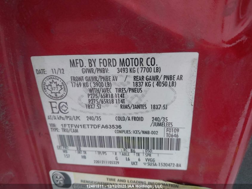 2013 Ford F-150 Lariat VIN: 1FTFW1ET7DFA63536 Lot: 12481511