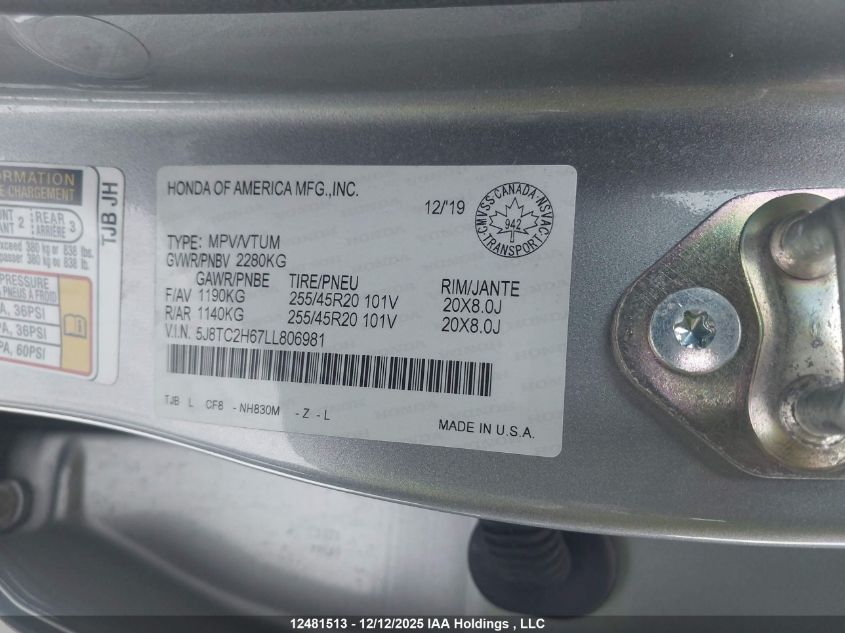 2020 Acura Rdx A-Spec VIN: 5J8TC2H67LL806981 Lot: 12481513