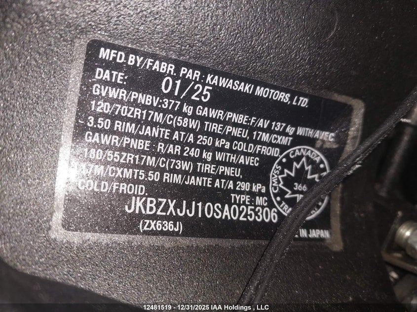 2025 Kawasaki Zx636 K VIN: JKBZXJJ10SA025306 Lot: 12481519