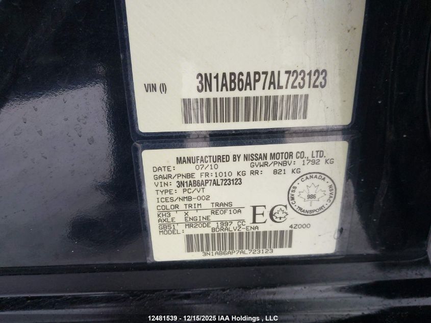 2010 Nissan Sentra VIN: 3N1AB6AP7AL723123 Lot: 12481539