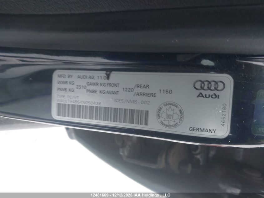 2004 Audi A6 3.0 VIN: WAULT54B64N050436 Lot: 12481609