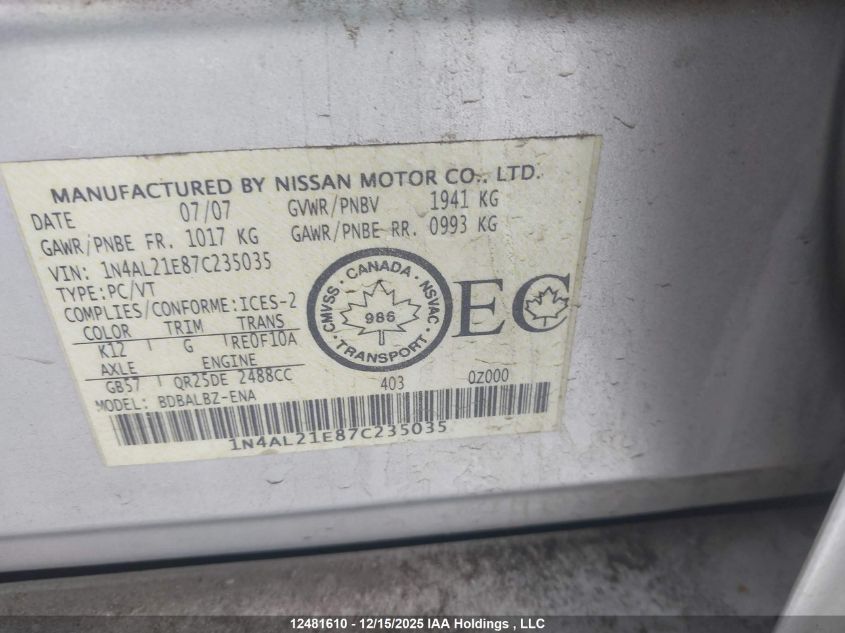 2007 Nissan Altima 2.5 S VIN: 1N4AL21E87C235035 Lot: 12481610
