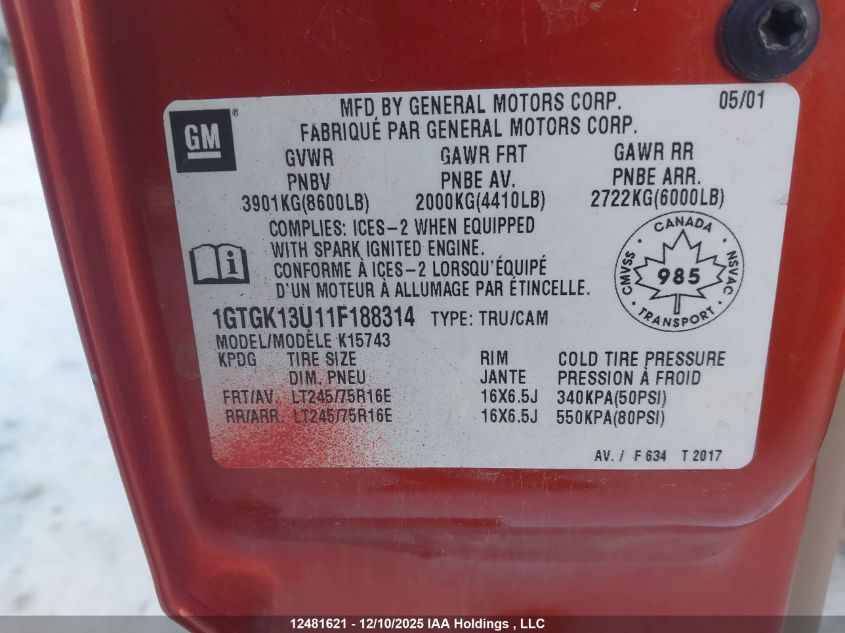 2001 GMC Sierra 1500 Sle/Slt VIN: 1GTGK13U11F188314 Lot: 12481621