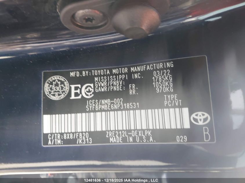 2022 Toyota Corolla Le VIN: 5YFBPMBE6NP318531 Lot: 12481636