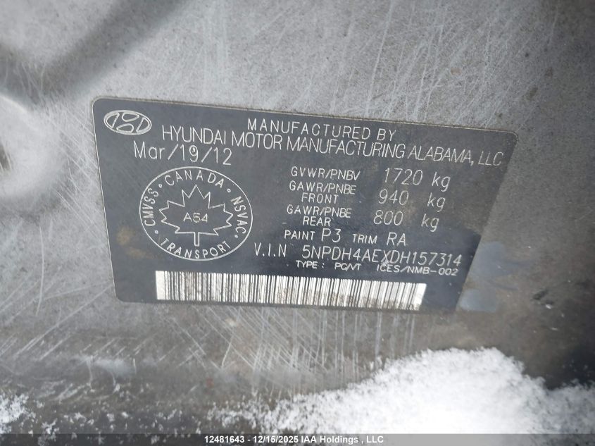 2013 Hyundai Elantra Gl VIN: 5NPDH4AEXDH157314 Lot: 12481643