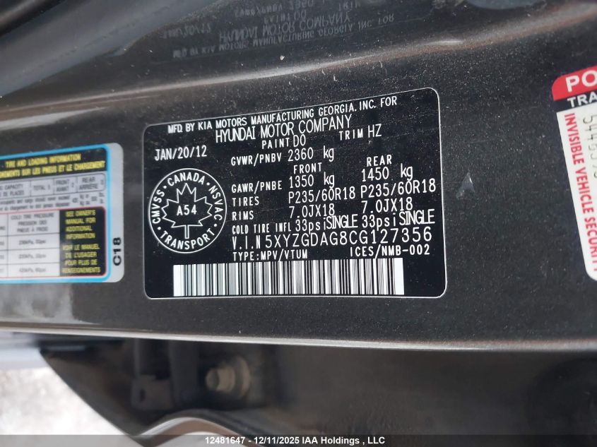 2012 Hyundai Santa Fe Gl 3.5 Sport VIN: 5XYZGDAG8CG127356 Lot: 12481647