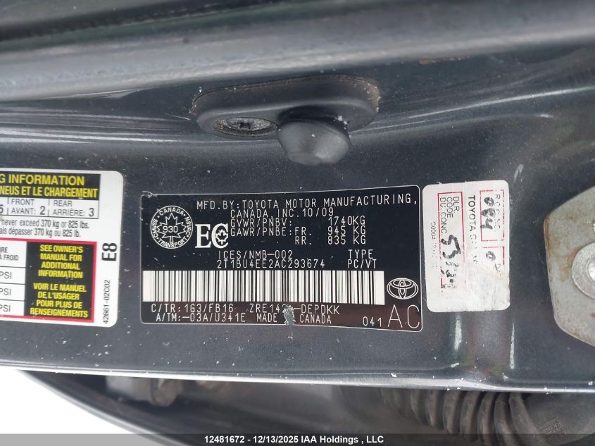 2010 Toyota Corolla VIN: 2T1BU4EE2AC293674 Lot: 12481672