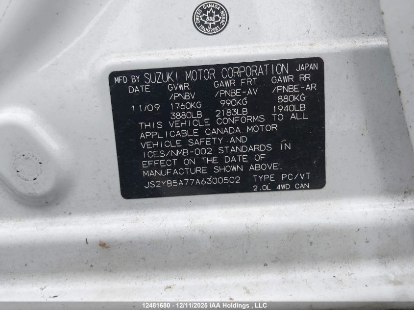 2010 Suzuki Sx4 Touring VIN: JS2YB5A77A6300502 Lot: 12481680