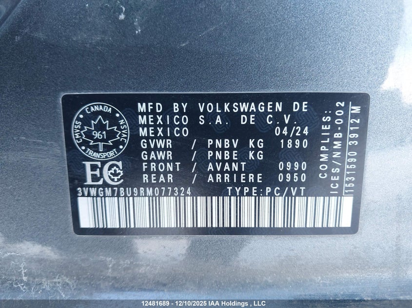 2024 Volkswagen Jetta Highline VIN: 3VWGM7BU9RM077324 Lot: 12481689