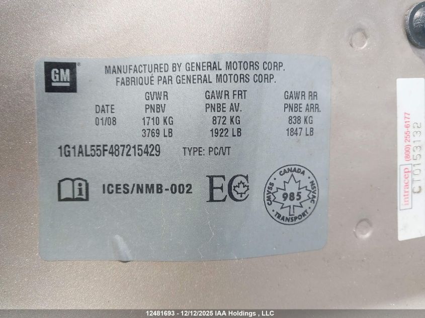 2008 Chevrolet Cobalt Lt VIN: 1G1AL55F487215429 Lot: 12481693