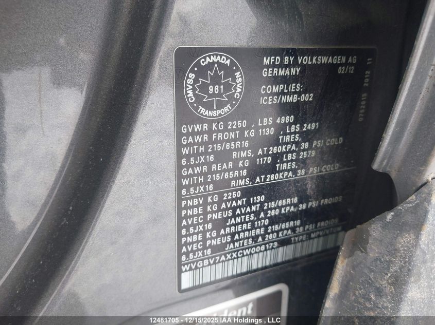 2012 Volkswagen Tiguan VIN: WVGBV7AXXCW006173 Lot: 12481705