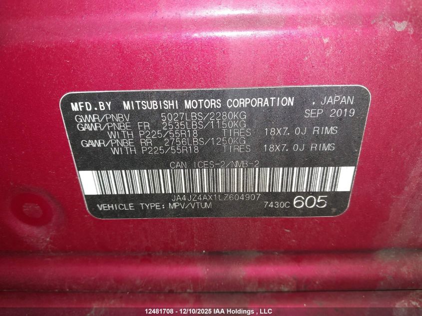 2020 Mitsubishi Outlander VIN: JA4JZ4AX1LZ604907 Lot: 12481708