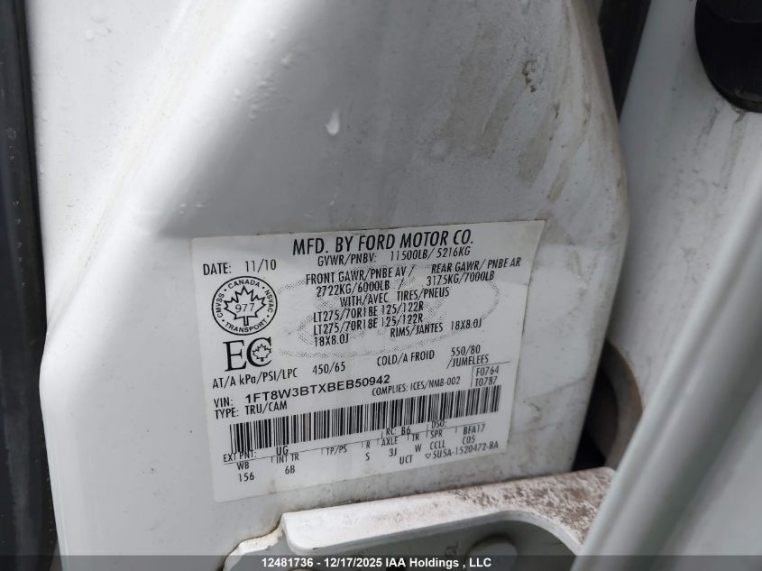 2011 Ford F-350 Lariat VIN: 1FT8W3BTXBEB50942 Lot: 12481736