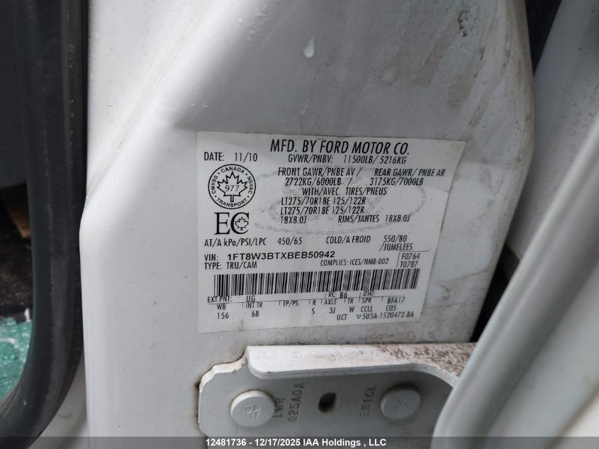 2011 Ford F-350 Lariat VIN: 1FT8W3BTXBEB50942 Lot: 12481736