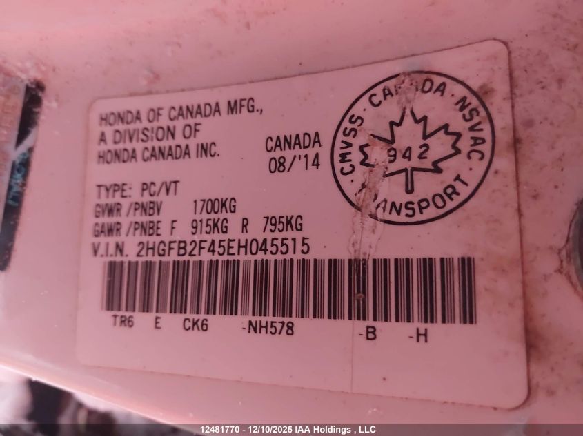 2014 Honda Civic Lx VIN: 2HGFB2F45EH045515 Lot: 12481770