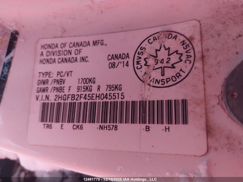 2014 Honda Civic Lx VIN: 2HGFB2F45EH045515 Lot: 12481770