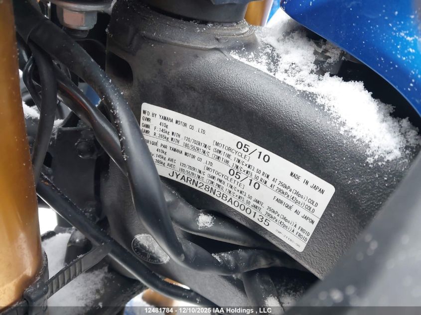 2011 Yamaha Fz8 S VIN: JYARN28N3BA000135 Lot: 12481784