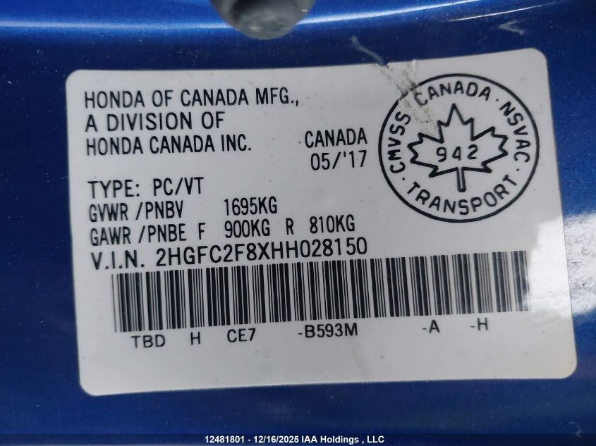 2017 Honda Civic Ex VIN: 2HGFC2F8XHH028150 Lot: 12481801