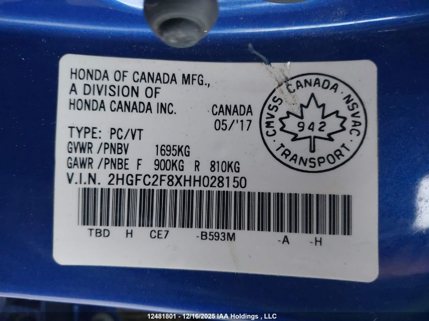 2017 Honda Civic Ex VIN: 2HGFC2F8XHH028150 Lot: 12481801