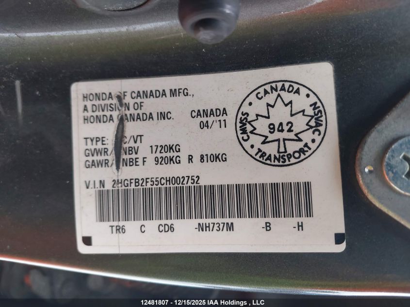 2012 Honda Civic Ex VIN: 2HGFB2F55CH002752 Lot: 12481807