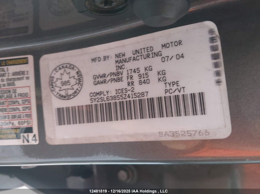 2005 Pontiac Vibe VIN: 5Y2SL63855Z415287 Lot: 12481819