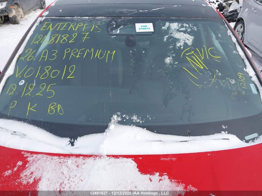 2026 Audi A3 Premium VIN: WAUGUCGY2TA018012 Lot: 12481827