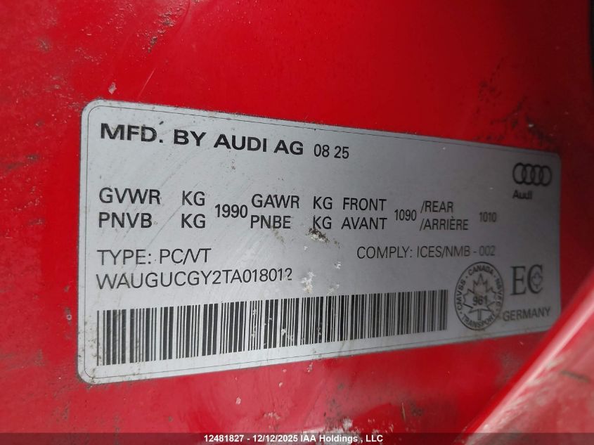 2026 Audi A3 Premium VIN: WAUGUCGY2TA018012 Lot: 12481827