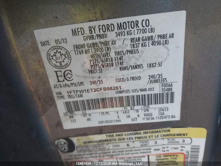 2012 Ford F150 Supercrew VIN: 1FTFW1ET2CFB98261 Lot: 12481834