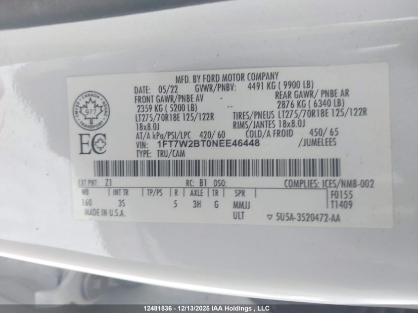 2022 Ford F250 Super Duty VIN: 1FT7W2BT0NEE46448 Lot: 12481836