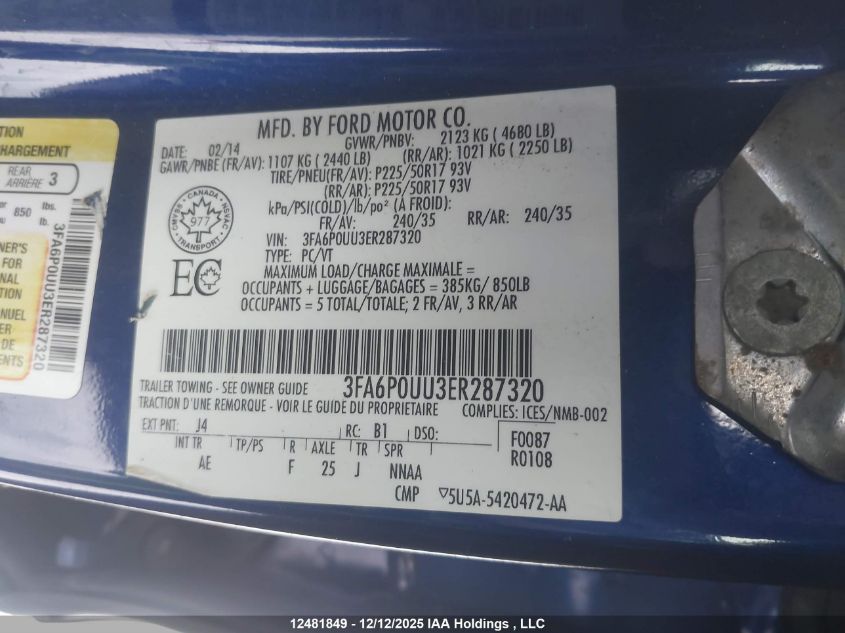 2014 Ford Fusion S Hybrid VIN: 3FA6P0UU3ER287320 Lot: 12481849