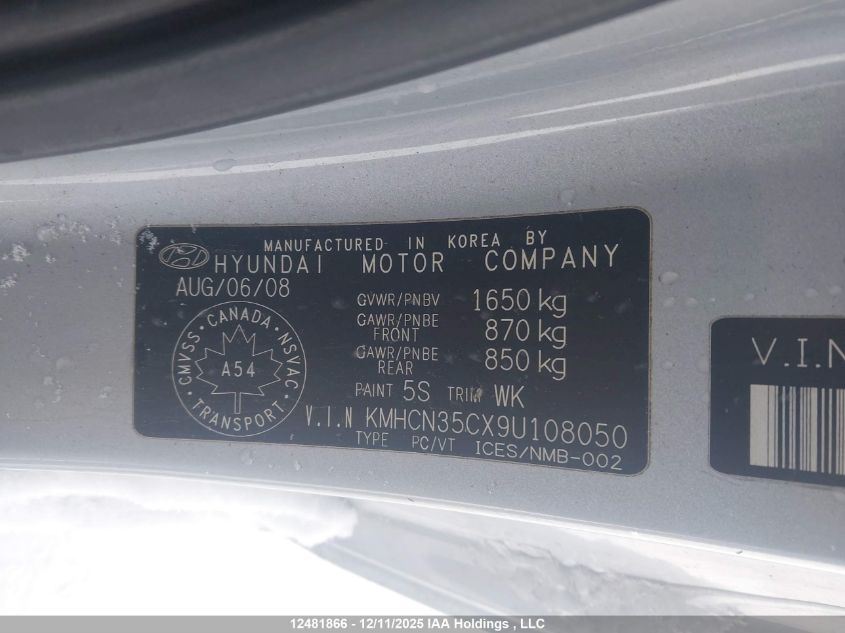 2009 Hyundai Accent Se VIN: KMHCN35CX9U108050 Lot: 12481866