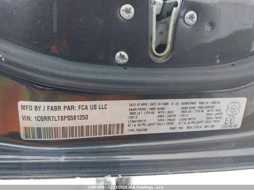 2023 Ram 1500 Classic Slt VIN: 1C6RR7LT8PS581250 Lot: 12481869