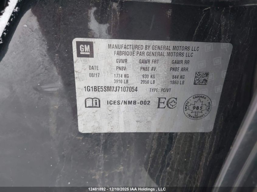2018 Chevrolet Cruze Lt Auto VIN: 1G1BE5SM7J7107054 Lot: 12481892
