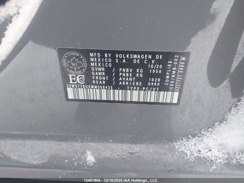 2021 Volkswagen Jetta Gli VIN: 3VW5T7BUXMM008435 Lot: 12481904