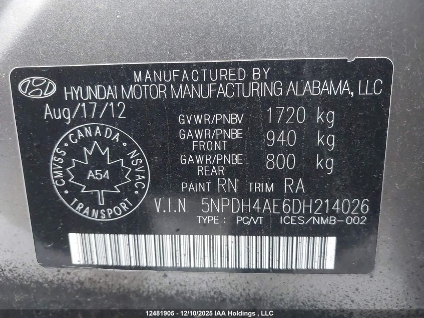 2013 Hyundai Elantra Gls/Limited VIN: 5NPDH4AE6DH214026 Lot: 12481905