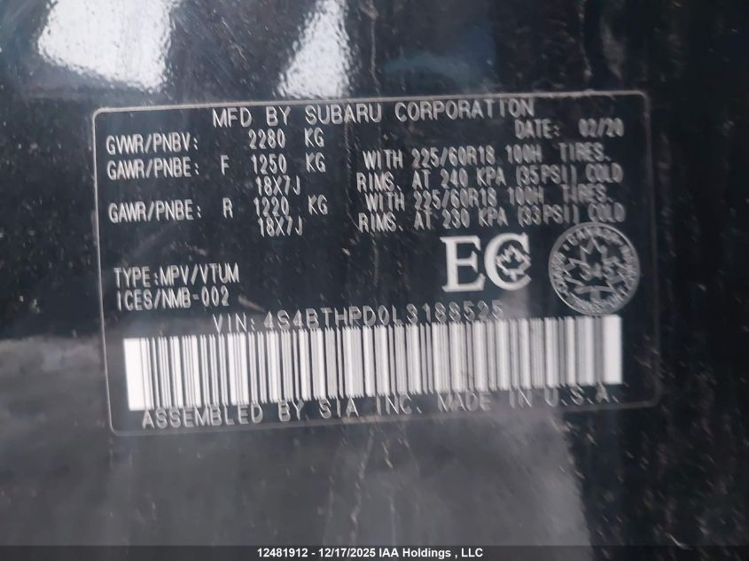 2020 Subaru Outback Premier Xt VIN: 4S4BTHPD0L3188525 Lot: 12481912