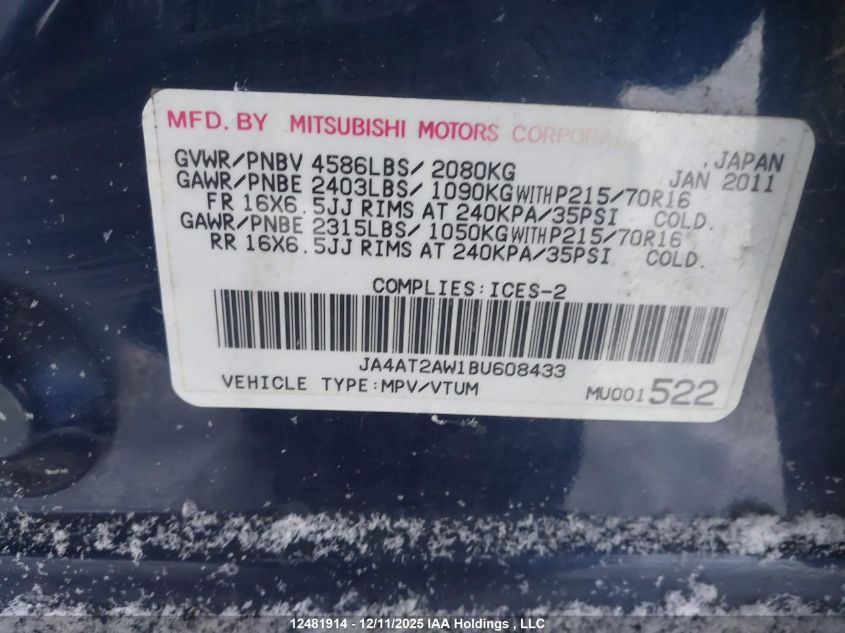 2011 Mitsubishi Outlander VIN: JA4AT2AW1BU608433 Lot: 12481914