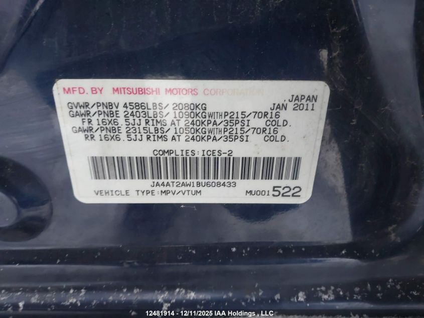 2011 Mitsubishi Outlander VIN: JA4AT2AW1BU608433 Lot: 12481914