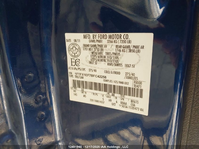 2011 Ford F150 Super Cab VIN: 1FTFX1EF7BFC42258 Lot: 12481945