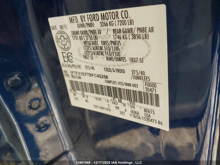 2011 Ford F150 Super Cab VIN: 1FTFX1EF7BFC42258 Lot: 12481945