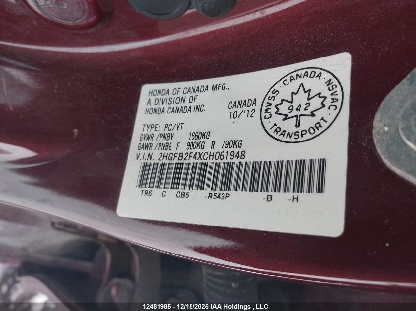 2012 Honda Civic Lx VIN: 2HGFB2F4XCH061948 Lot: 12481985