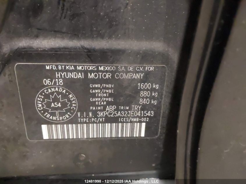 2018 Hyundai Accent Gl VIN: 3KPC25A32JE041543 Lot: 12481998