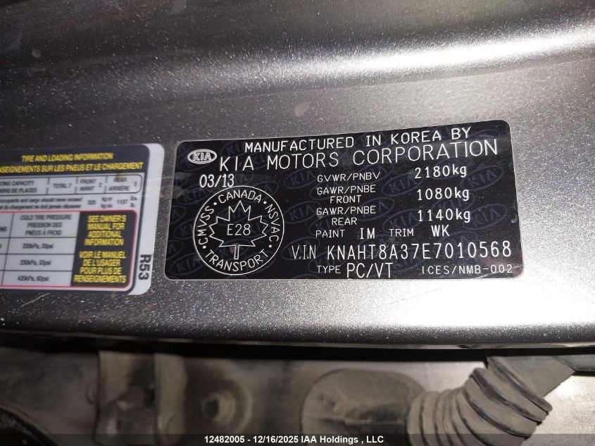 2014 Kia Rondo Lx VIN: KNAHT8A37E7010568 Lot: 12482005