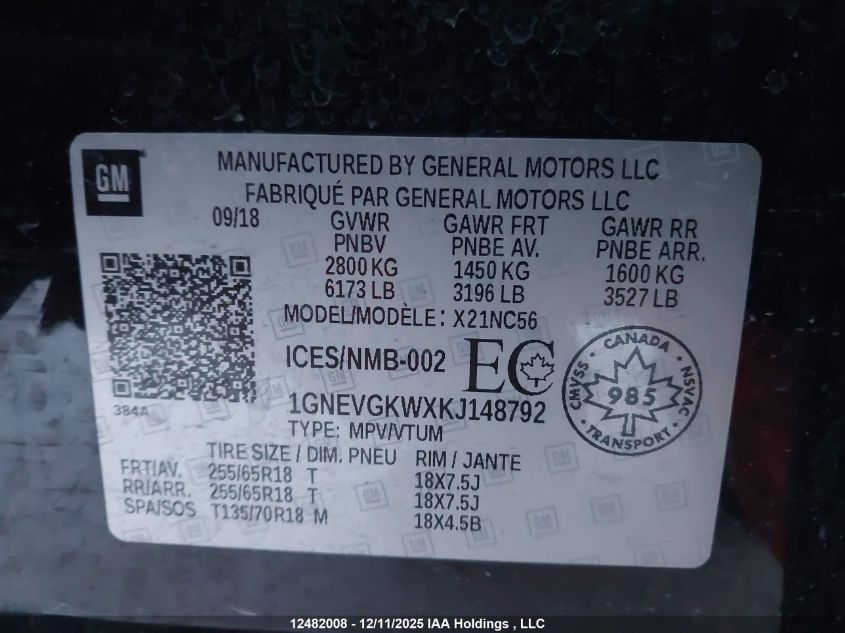 2019 Chevrolet Traverse VIN: 1GNEVGKWXKJ148792 Lot: 12482008