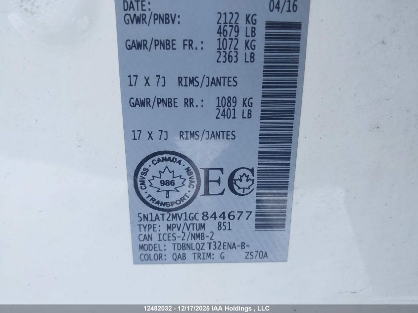 2016 Nissan Rogue VIN: 5N1AT2MV1GC844677 Lot: 12482032